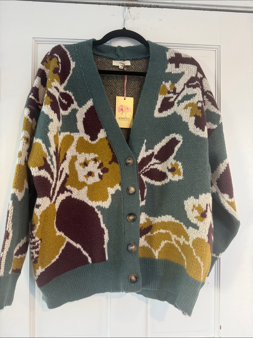 entro Teal Floral Button-Front Cardigan with Mustard and Burgundy Accents. NWT